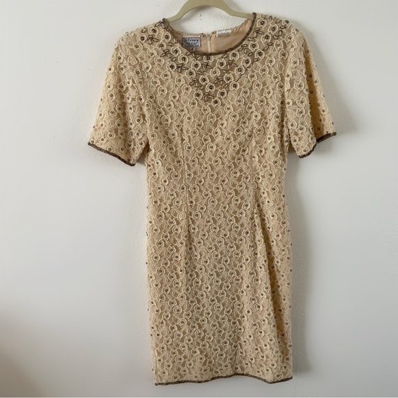 Vintage 60s sténay cream beaded shift dress short sleeve dress Pearl formal glam - Picture 2 of 7